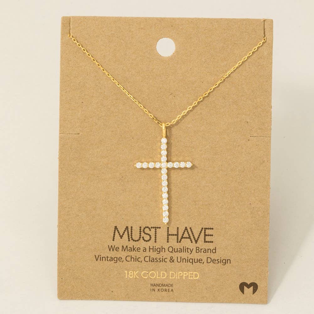 Metallic Pave Cross Pendant Chain Necklace