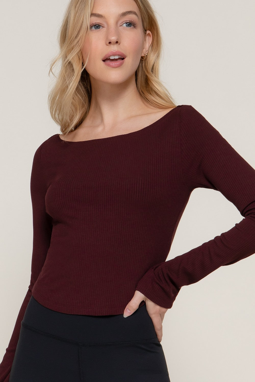 Wine Long Sleeve Ribbed Top