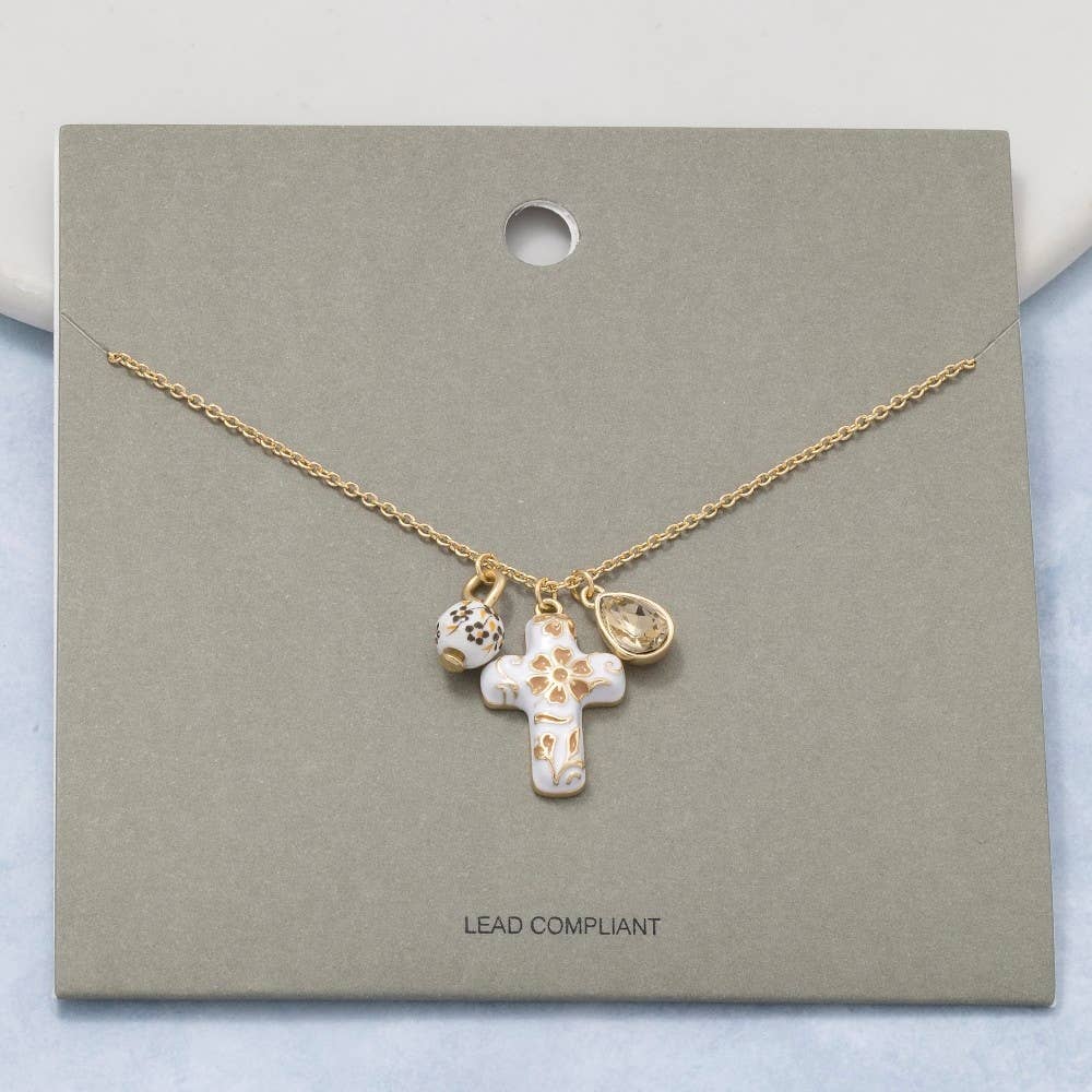 Ceramic Floral Cross And Bead Charms Chain Necklace