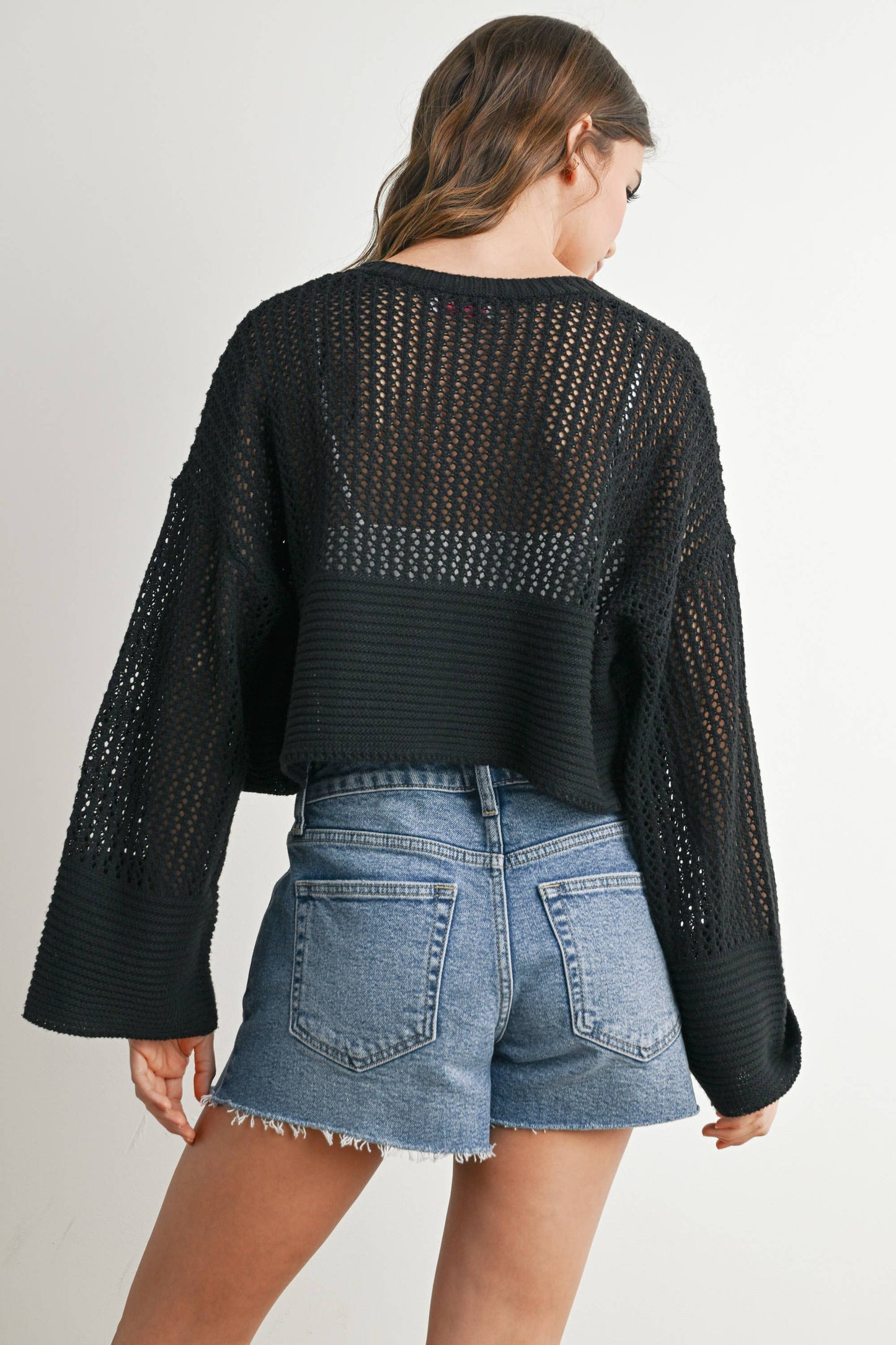 Wide Sleeve Textured Crop Cardigan Sweater