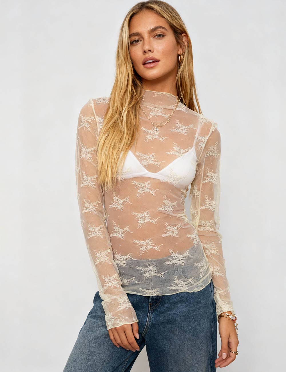 Lux Layering Floral Lace See Through Mesh Top Blouse: White