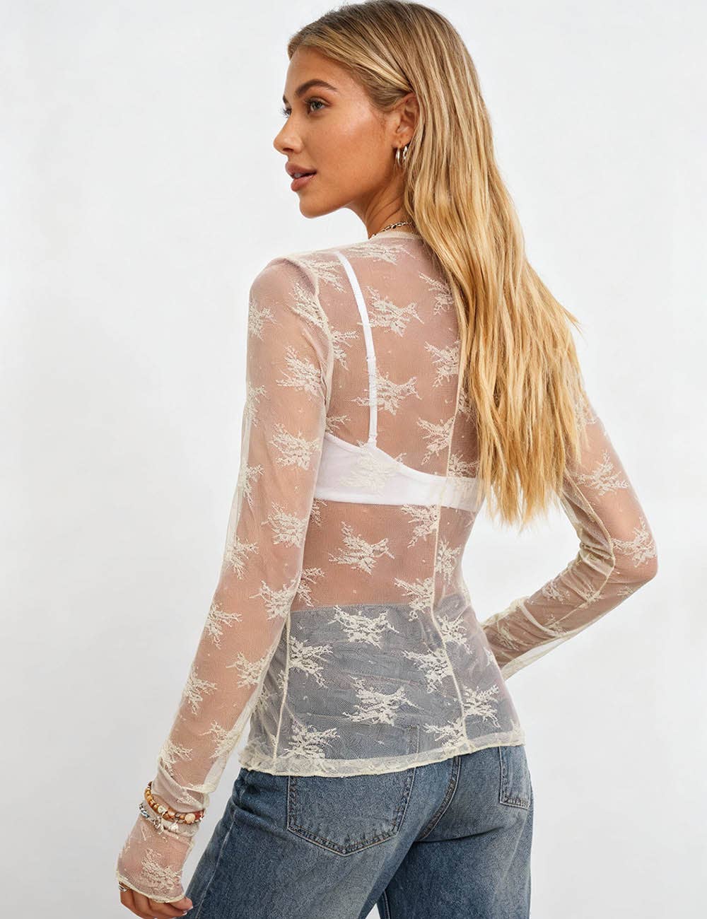 Lux Layering Floral Lace See Through Mesh Top Blouse: White