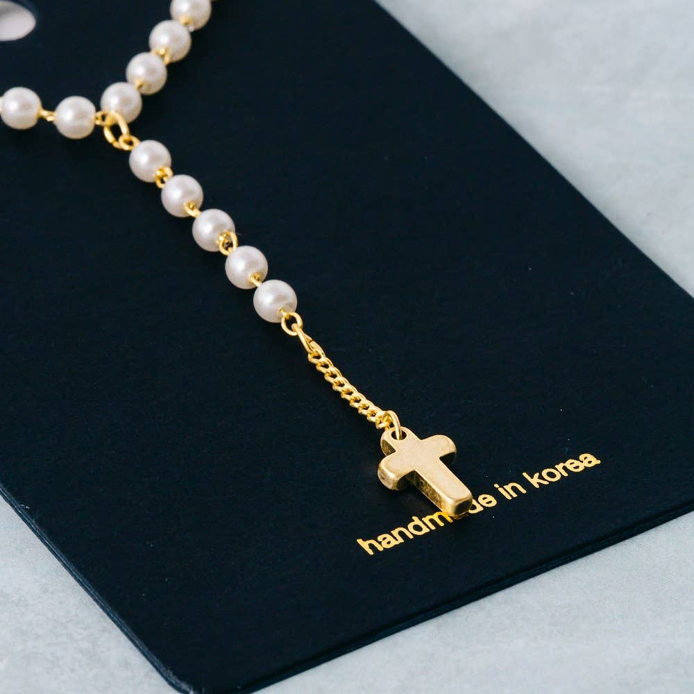 Pearl Beaded Y Chain Cross Pendant Necklace