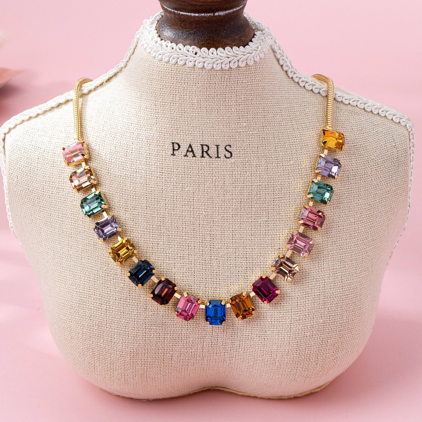 Rainbow Emerald-Cut Gemstone Statement Necklace | Gold