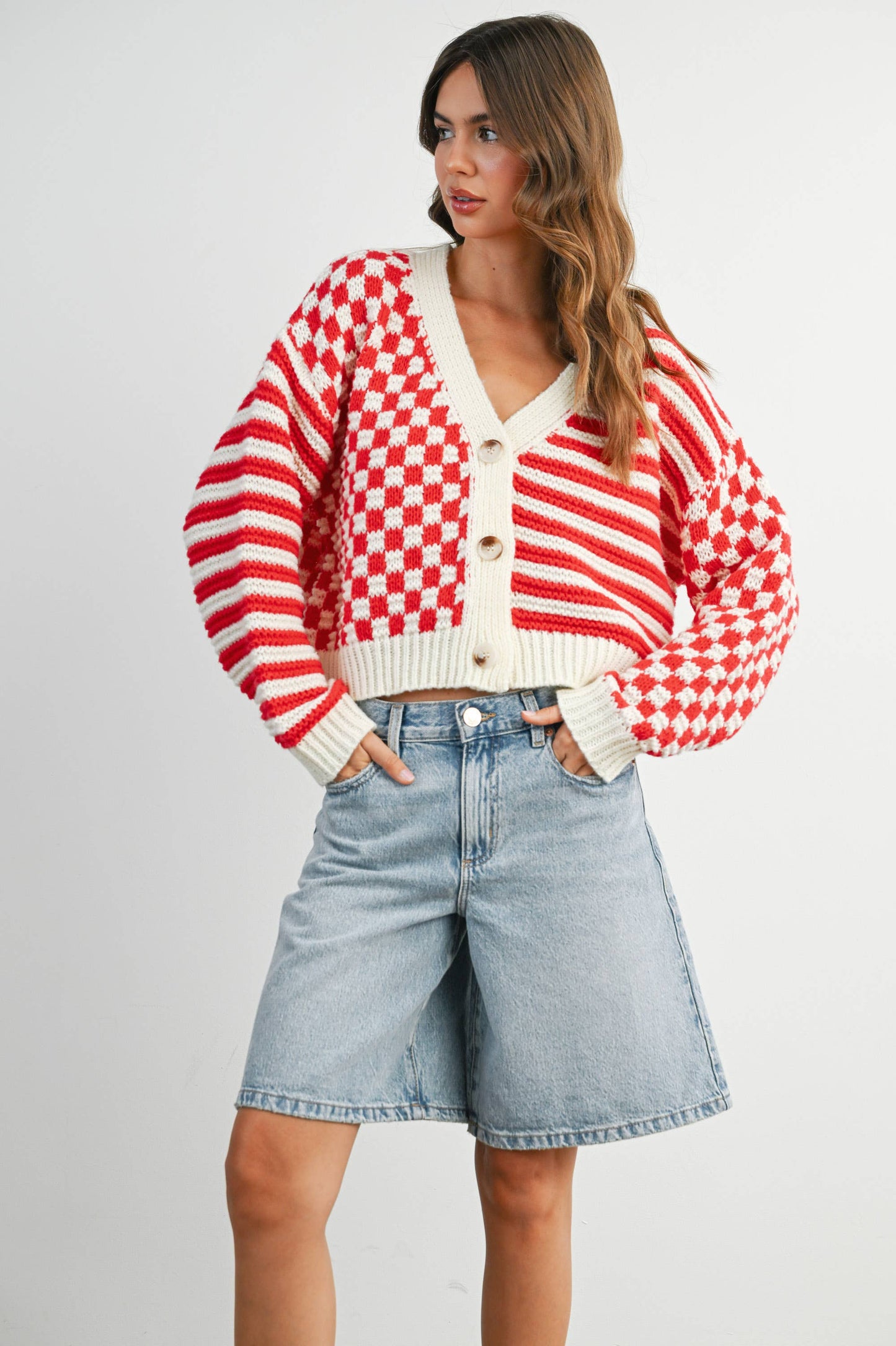 Oversized Button Down Checkered Stripe Cardigan