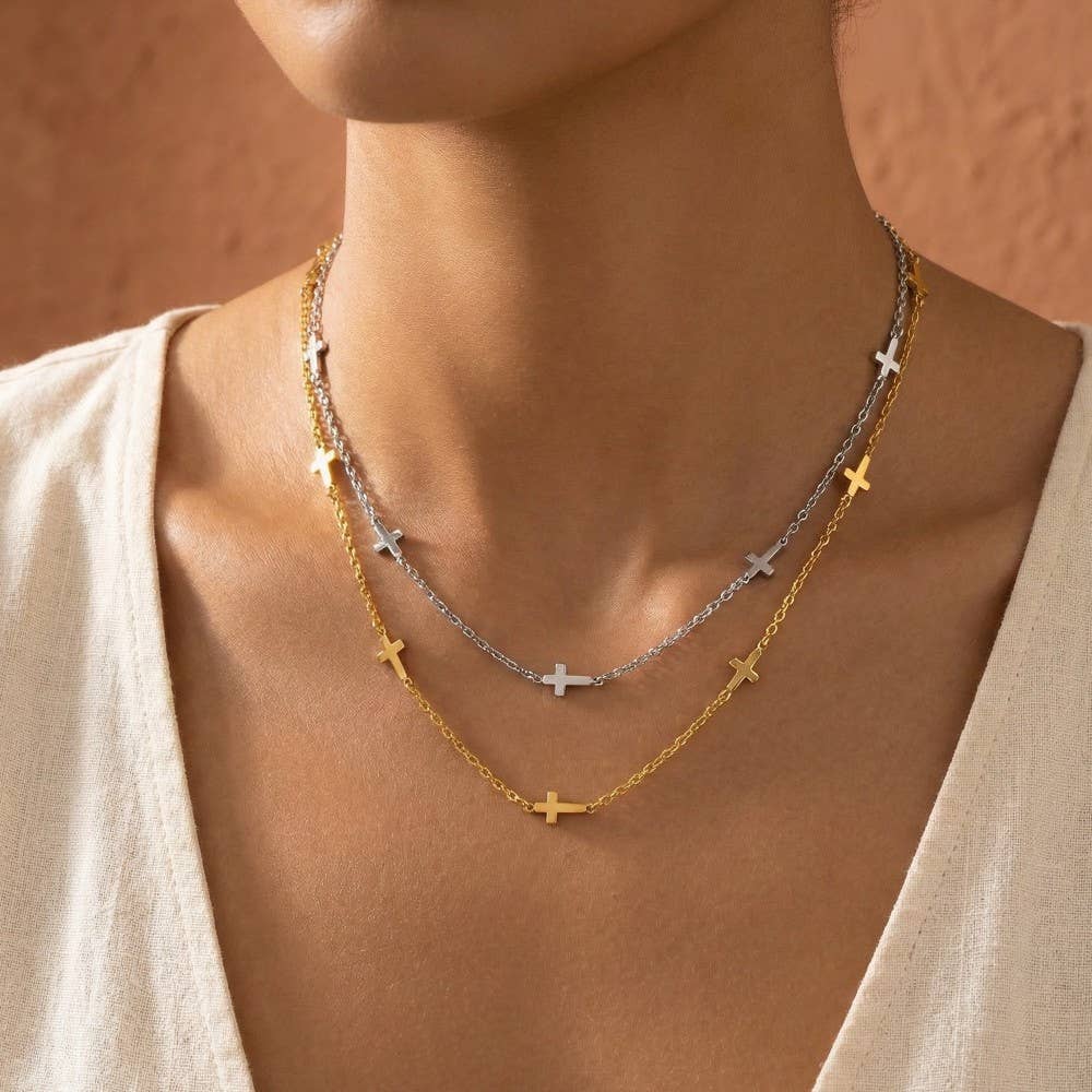 Metallic Dainty Cross Station Necklace