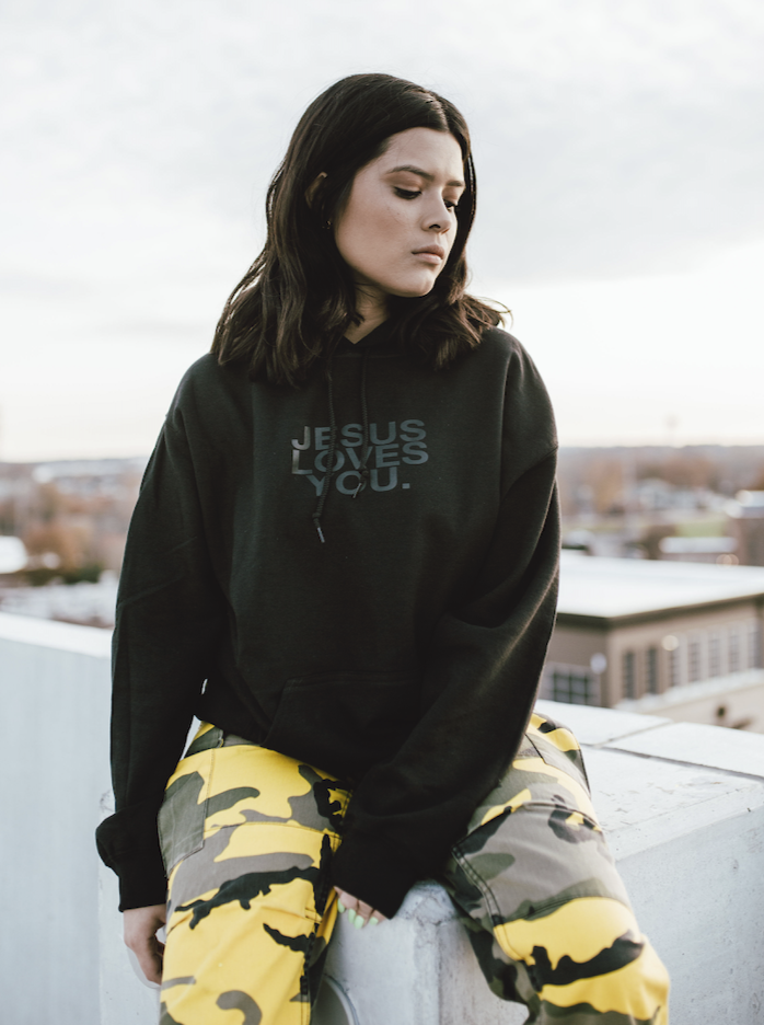 3-D Puff Print Black on Black Logo Hoodie: Large