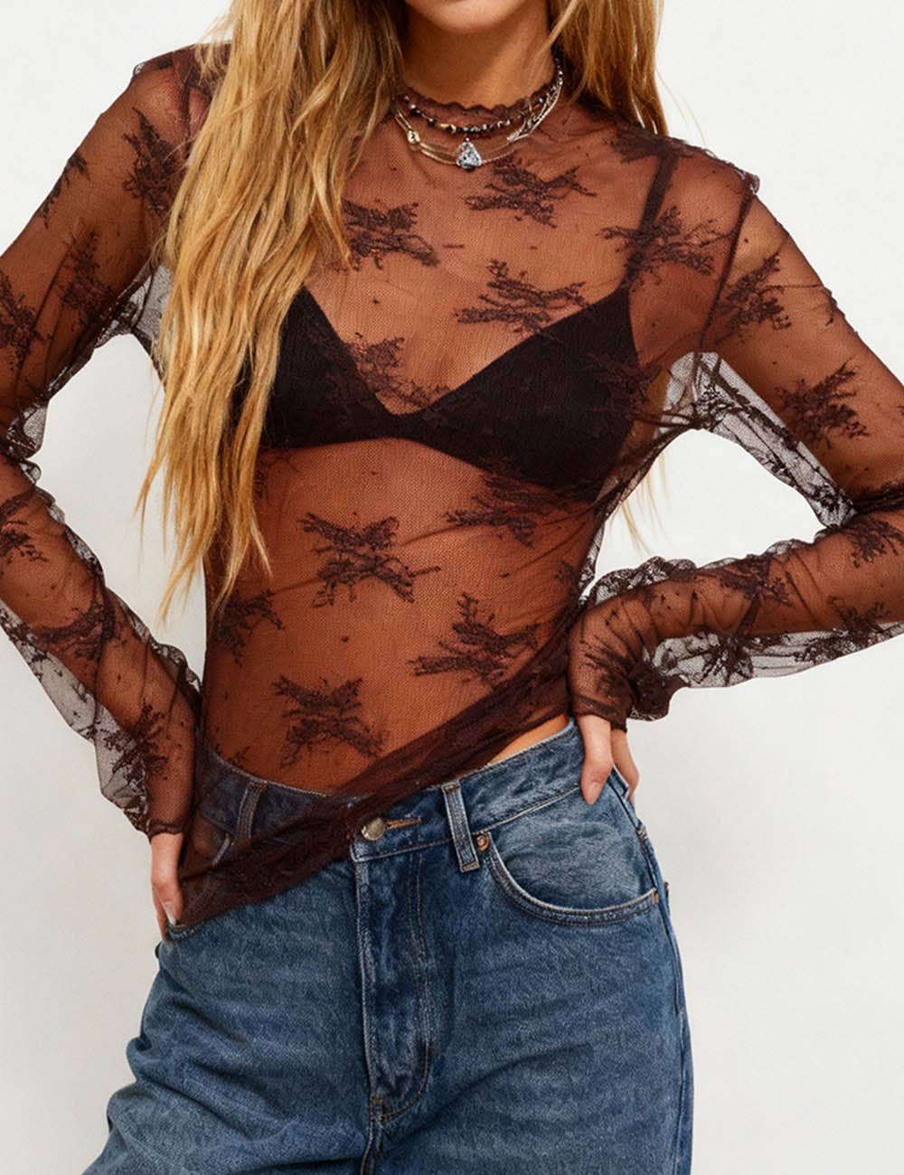 Lux Layering Floral Lace See Through Mesh Top Blouse: White