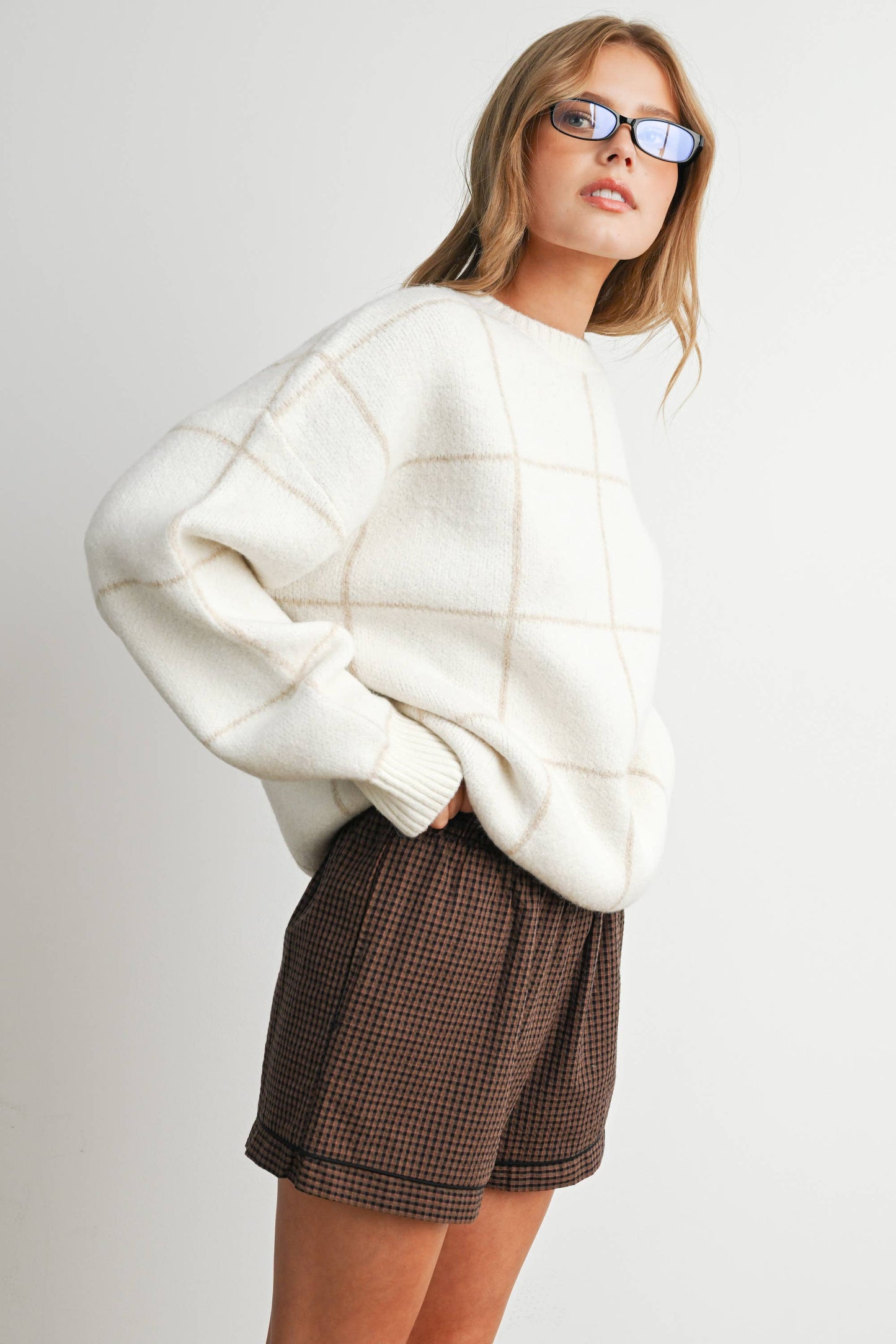 Checkered Crew Neck Knit Sweater