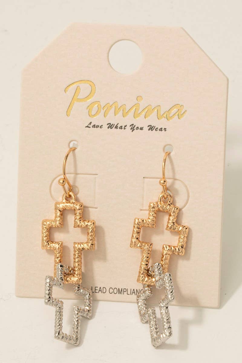 Double Textured Gold Cross Dangle Hook Earrings