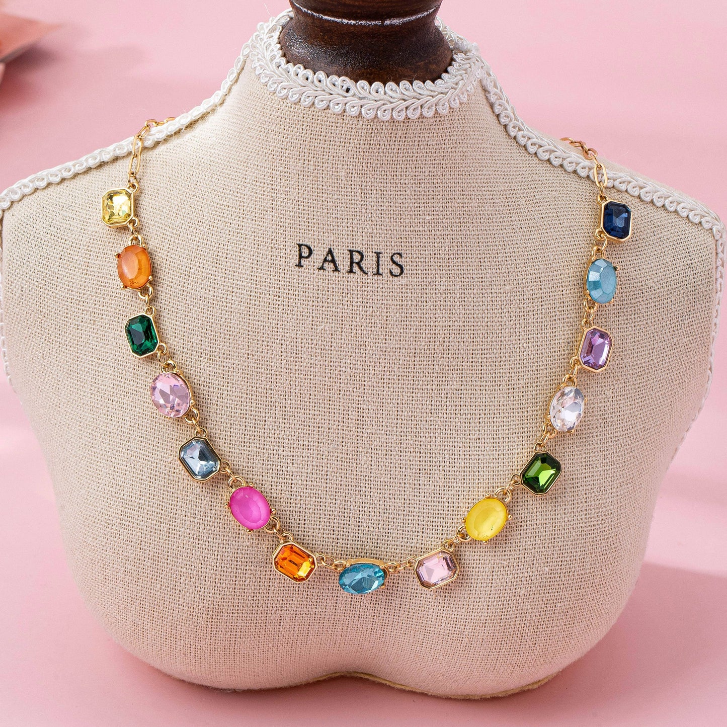 Multicolor Gemstone Link Necklace |  Gold