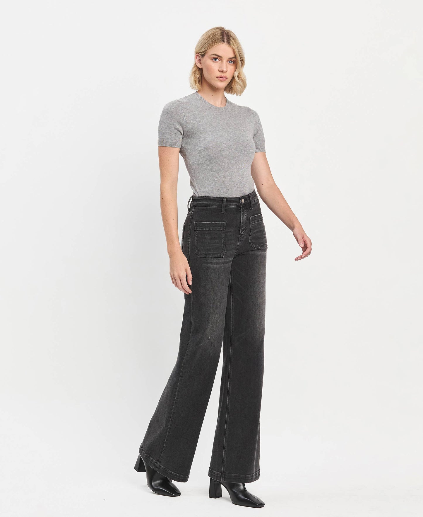 High Rise Patch Pocket Black Wide Range Trouser Jeans