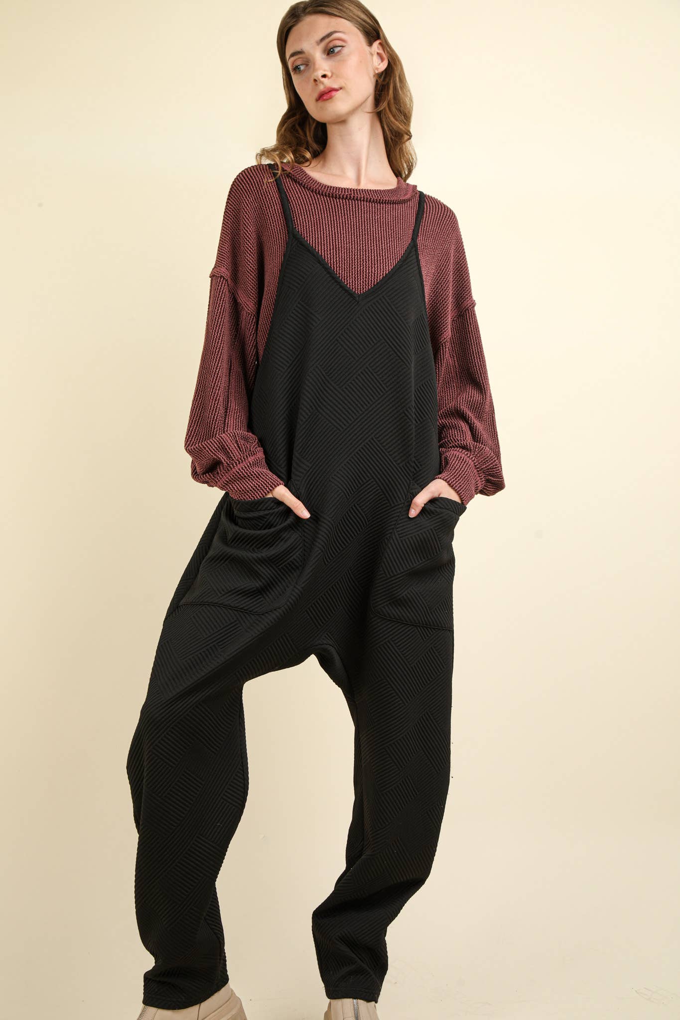 Quilted Loose Fit Casual Baggy Knit Jumpsuit: BLACK