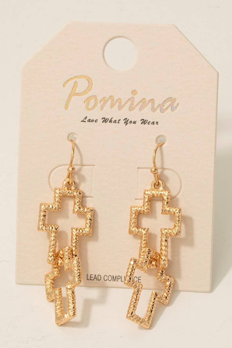 Double Textured Siver+Gold Cross Dangle Hook Earrings
