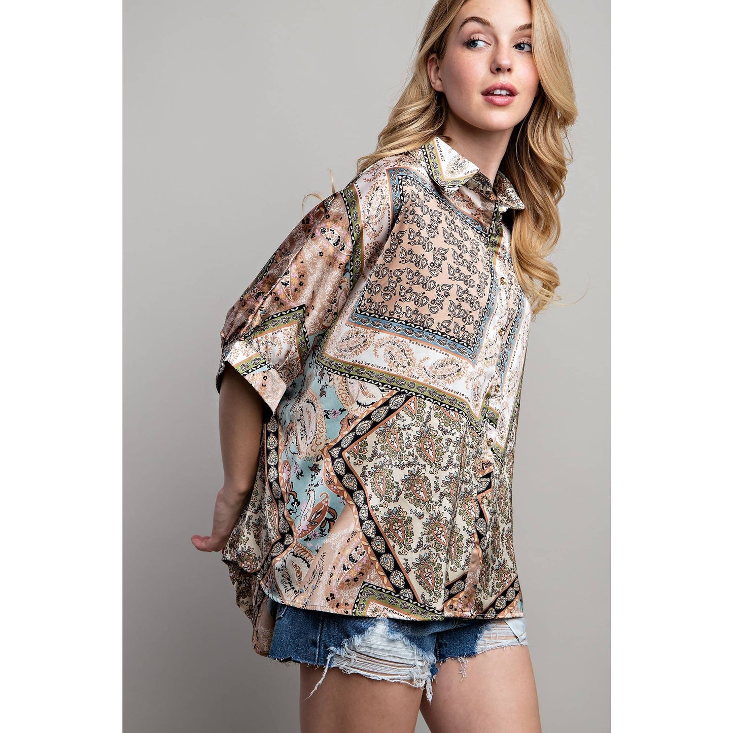 Satin Print Button Down Shirt: Mocha