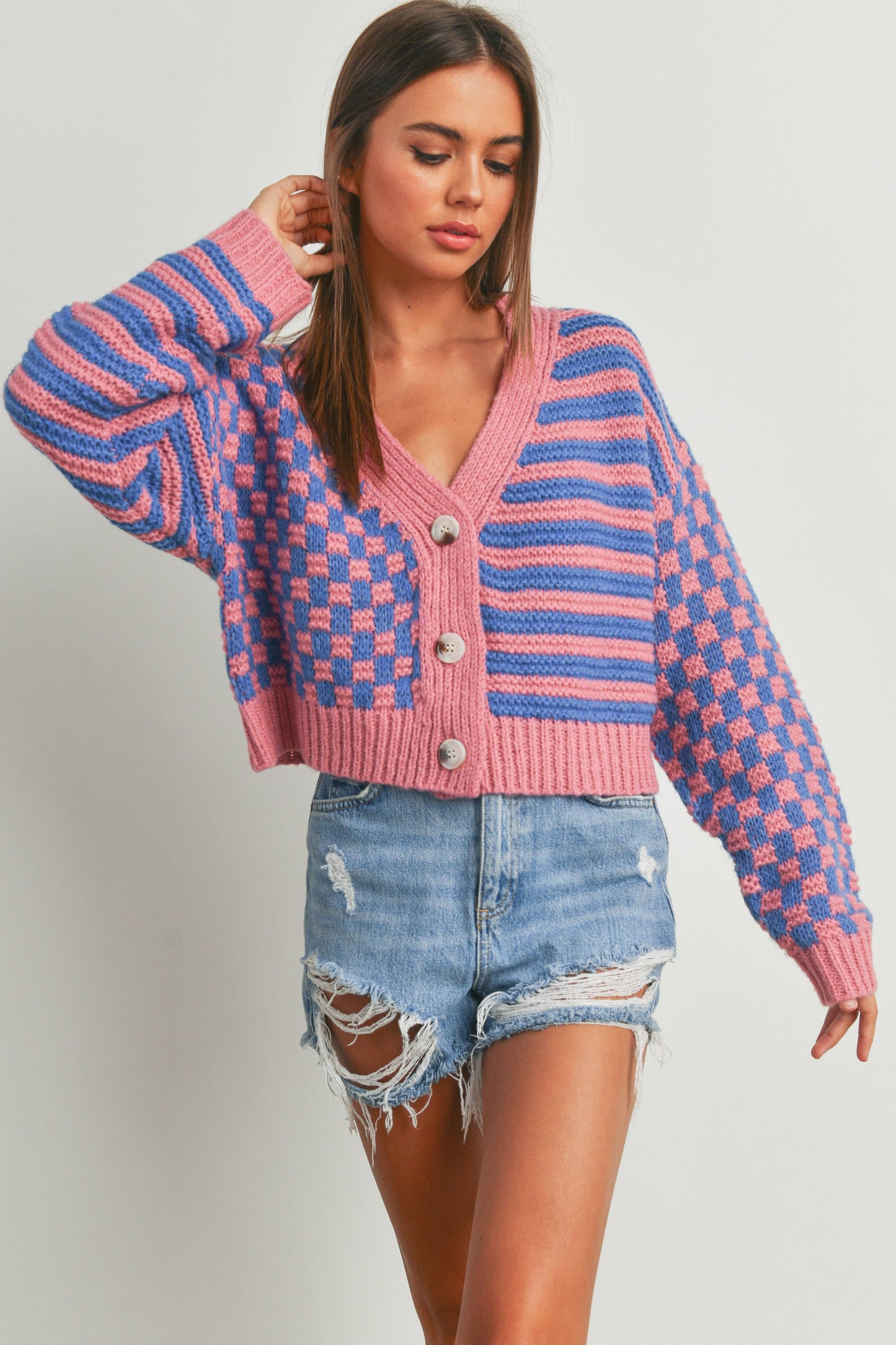 Oversized Button Down Checkered Stripe Cardigan