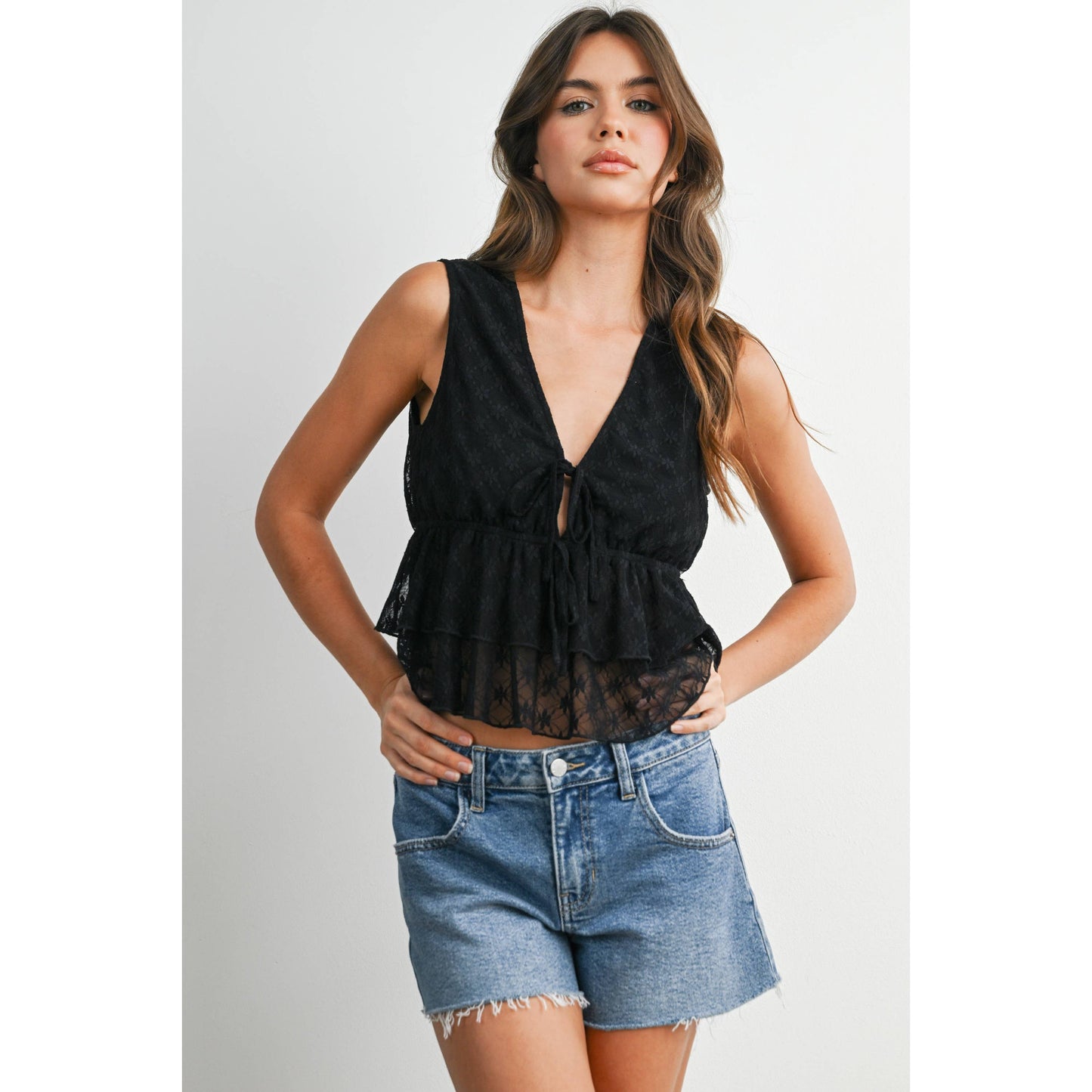 Tiered Ruffle Hem Tie-Front Tank Top