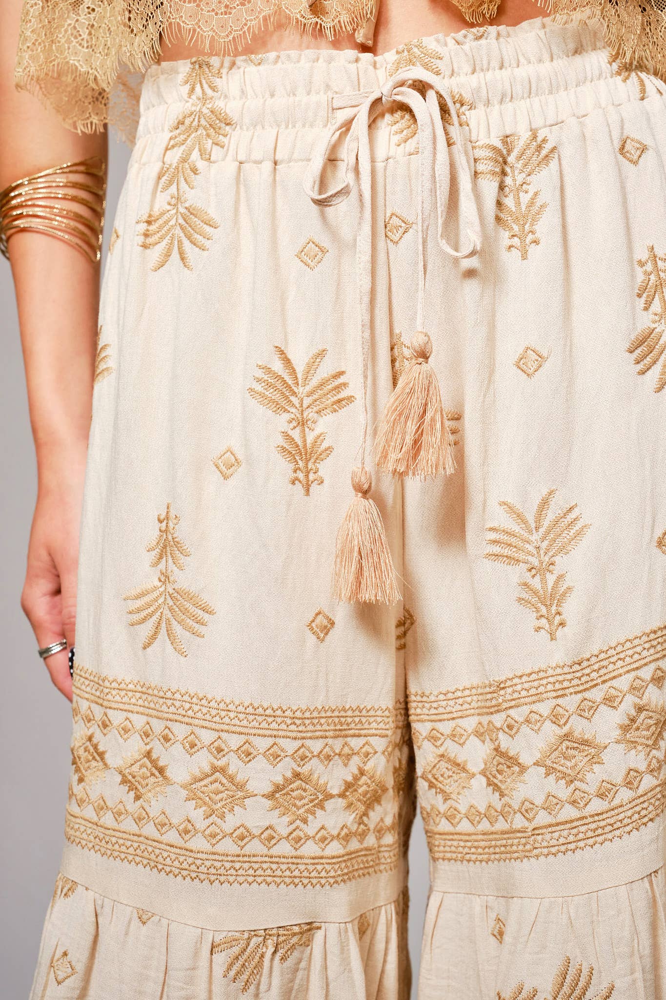 Embroidered Tassel Tie Front Tiered Palazzo Pants