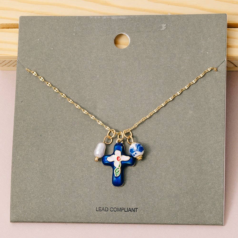 Enamel Cross And Ceramic Floral Charms Chain Necklace