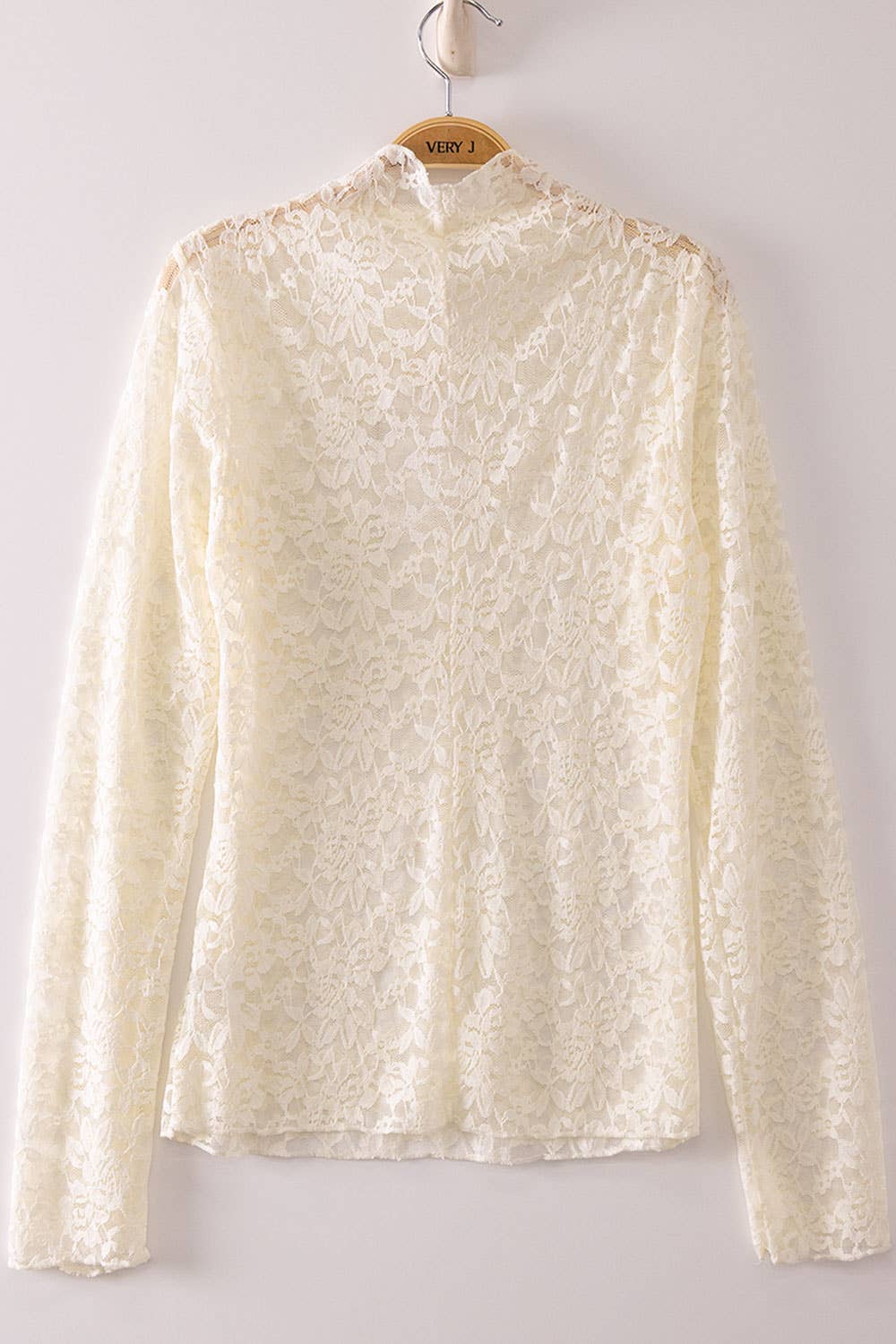 High Neck Fitted Sheer Mesh Lace Knit Top: IVORY
