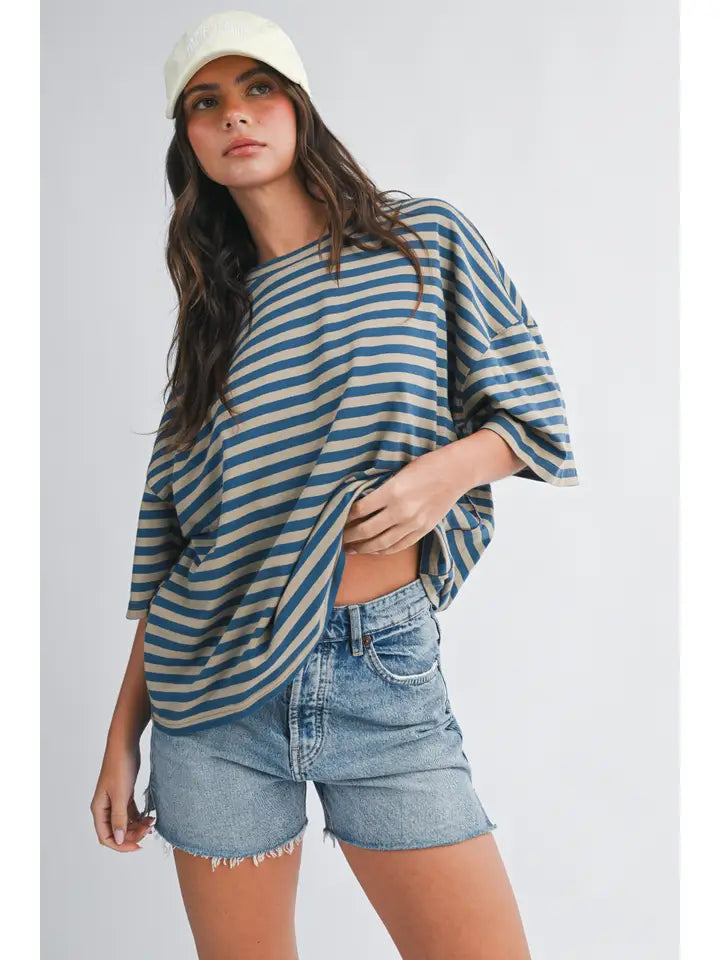 Oversized Stripe Boyfriend Tee- Tan