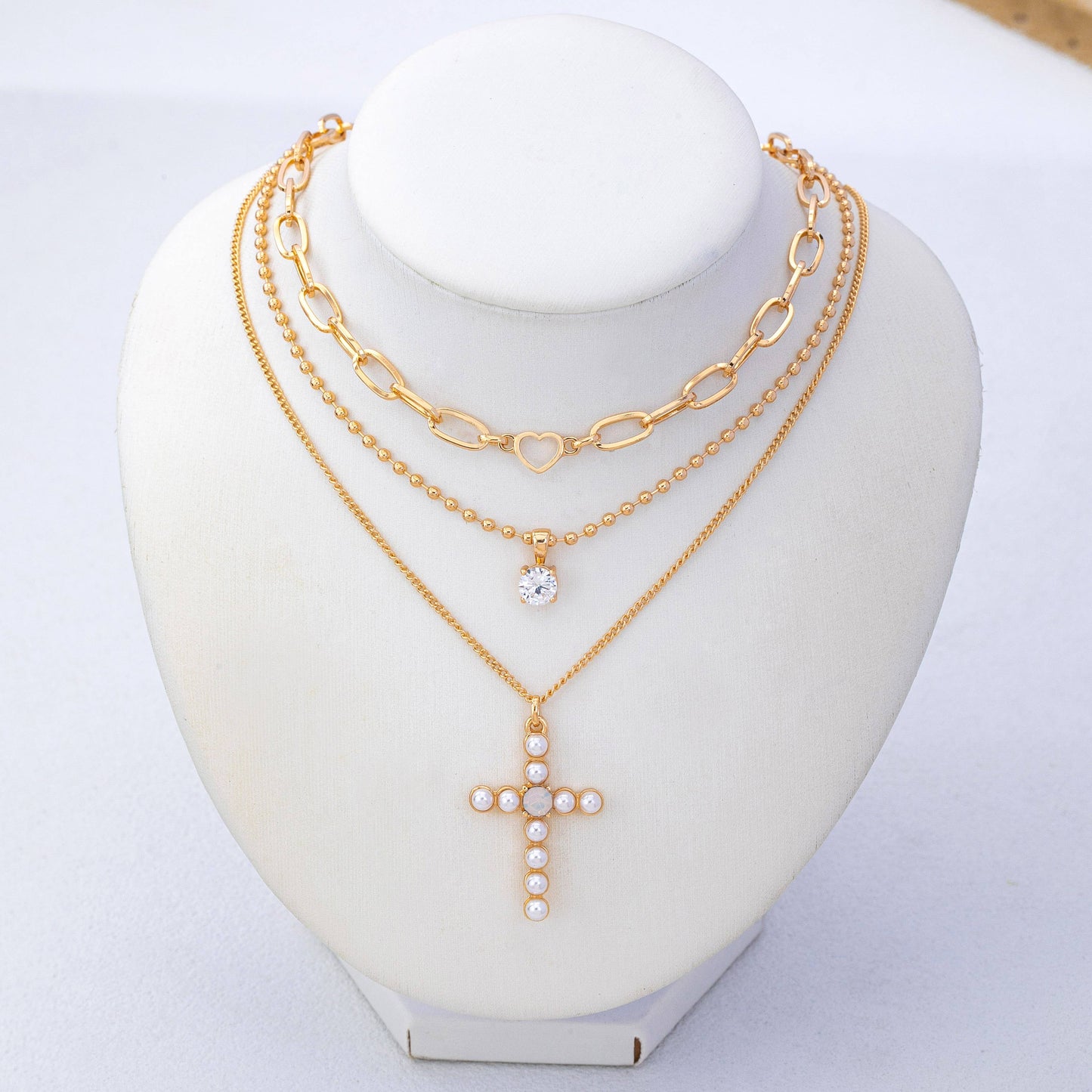 Multi-Layered Pearl Cross Rhinestone Necklace