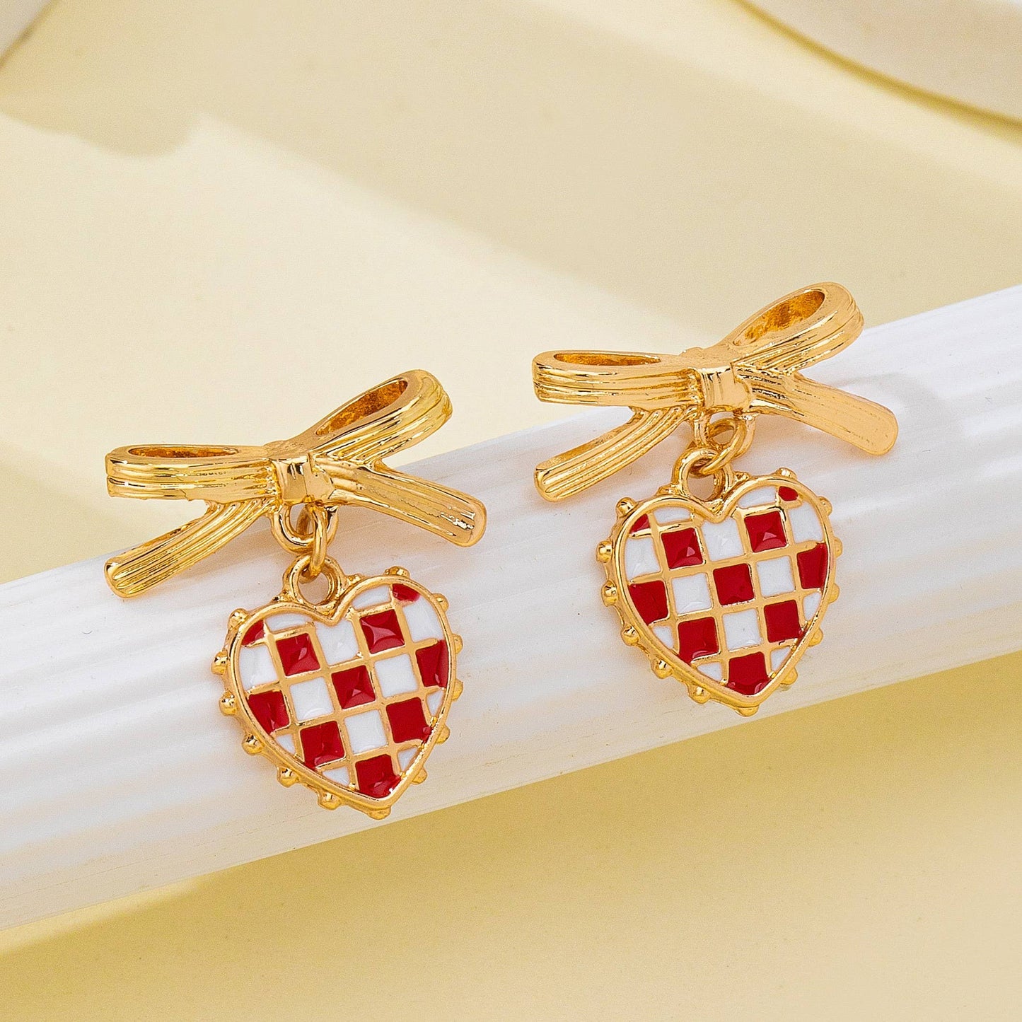 Checkered Heart Bow Drop Earrings