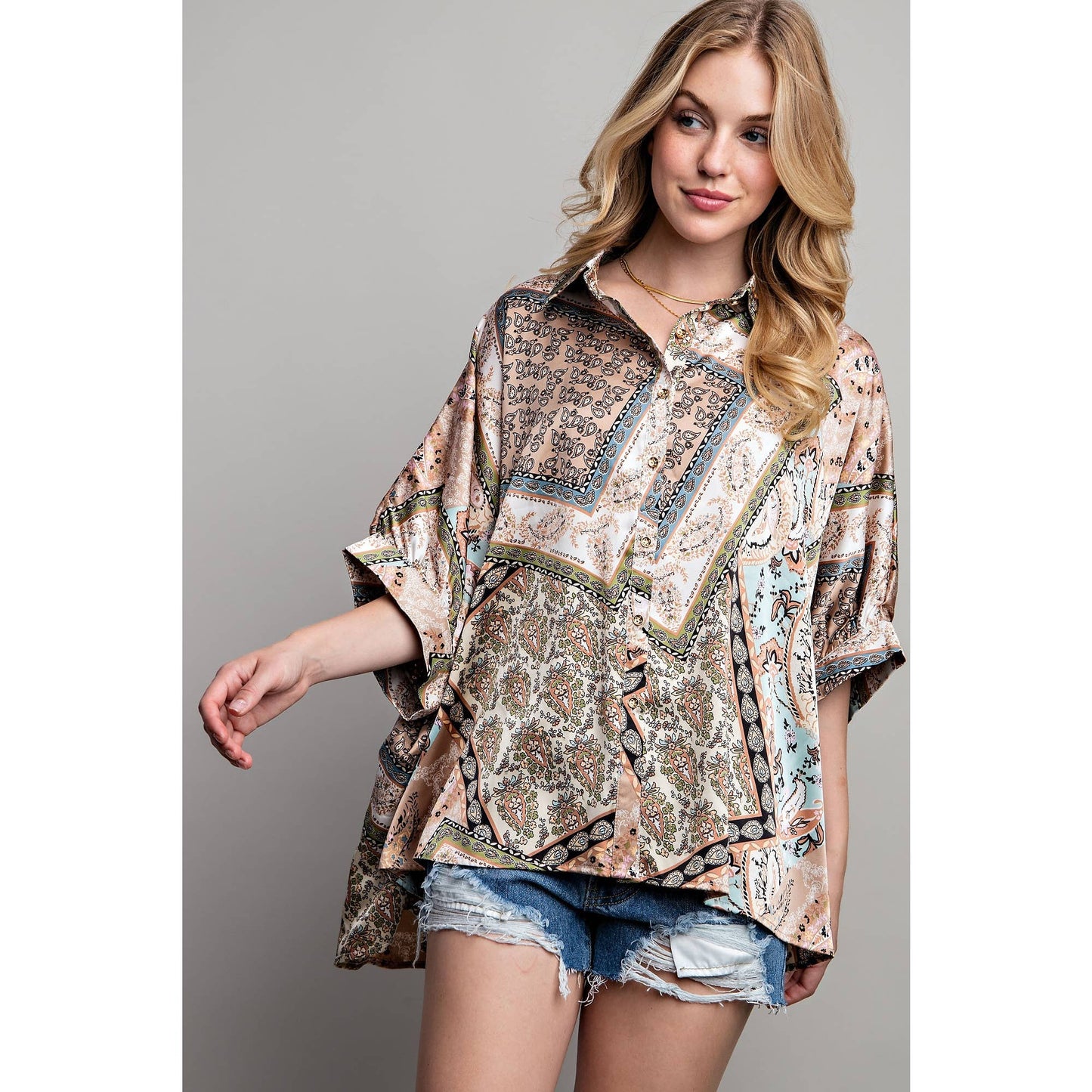 Satin Print Button Down Shirt: Mocha