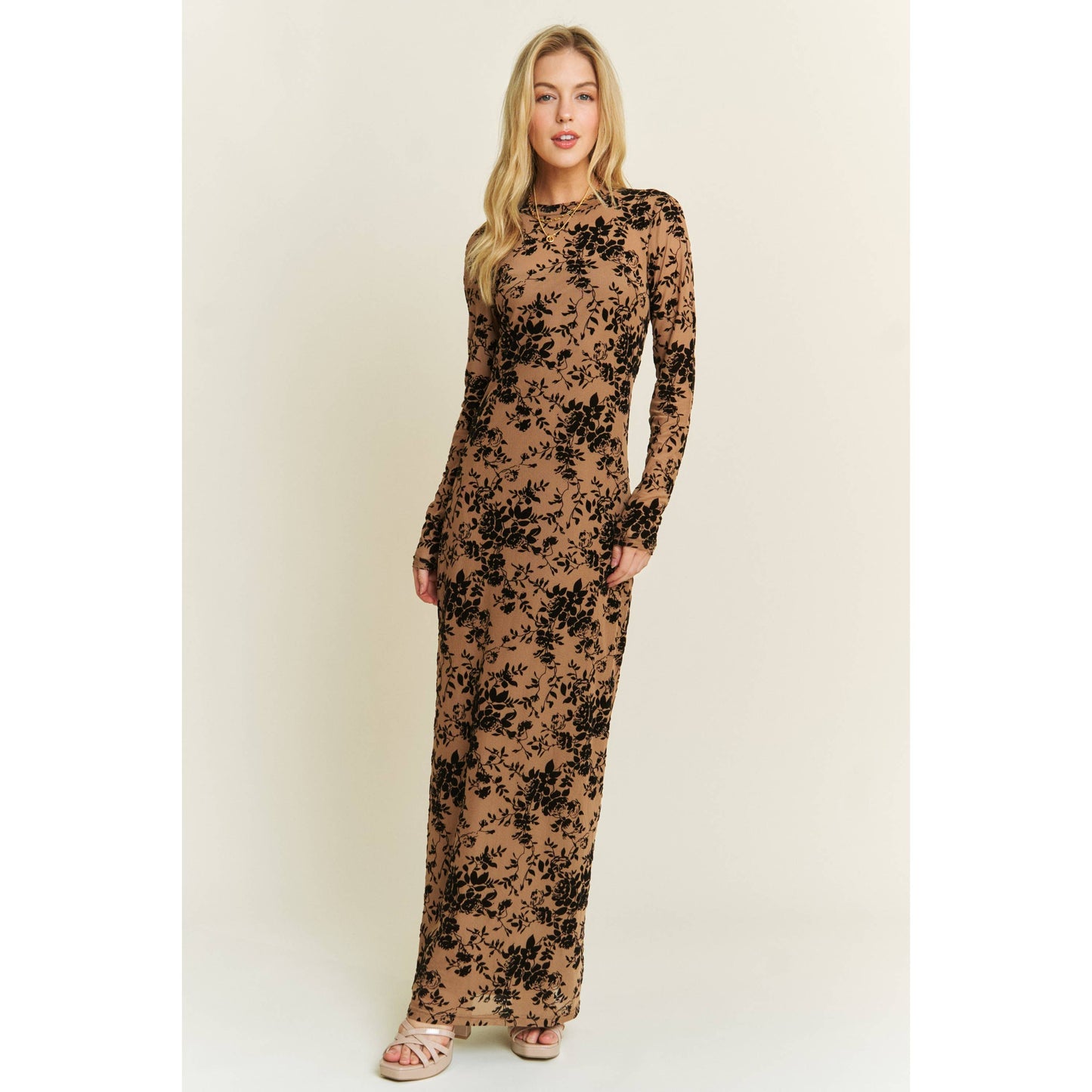 Velvet Floral Maxi Dress: Mocha Multi