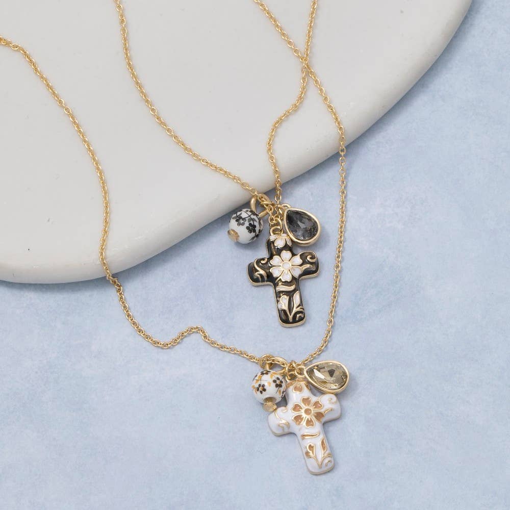 Ceramic Floral Cross And Bead Charms Chain Necklace