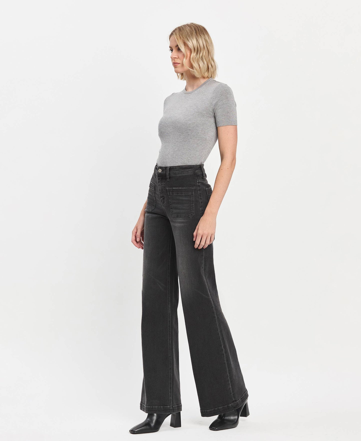 High Rise Patch Pocket Black Wide Range Trouser Jeans