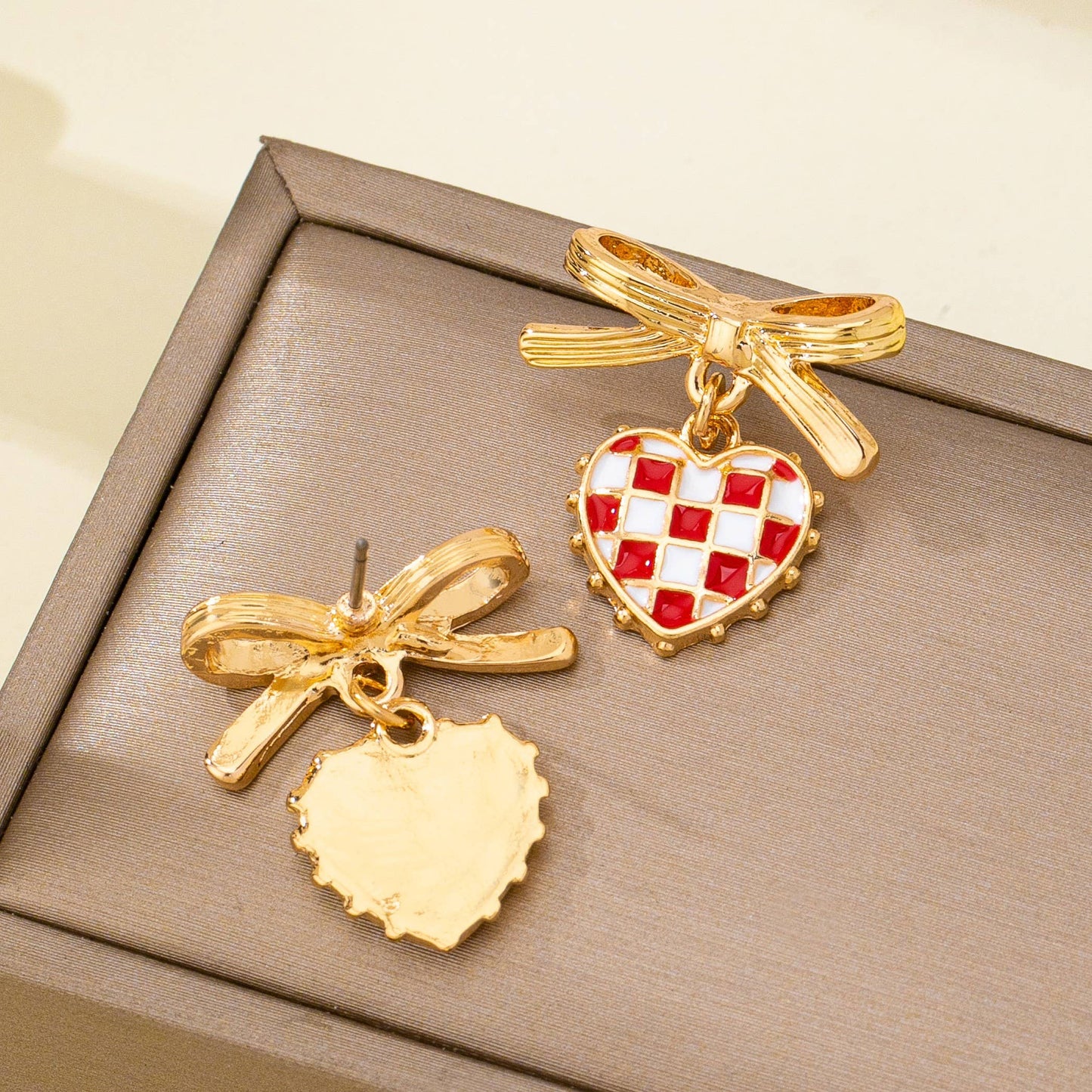 Checkered Heart Bow Drop Earrings