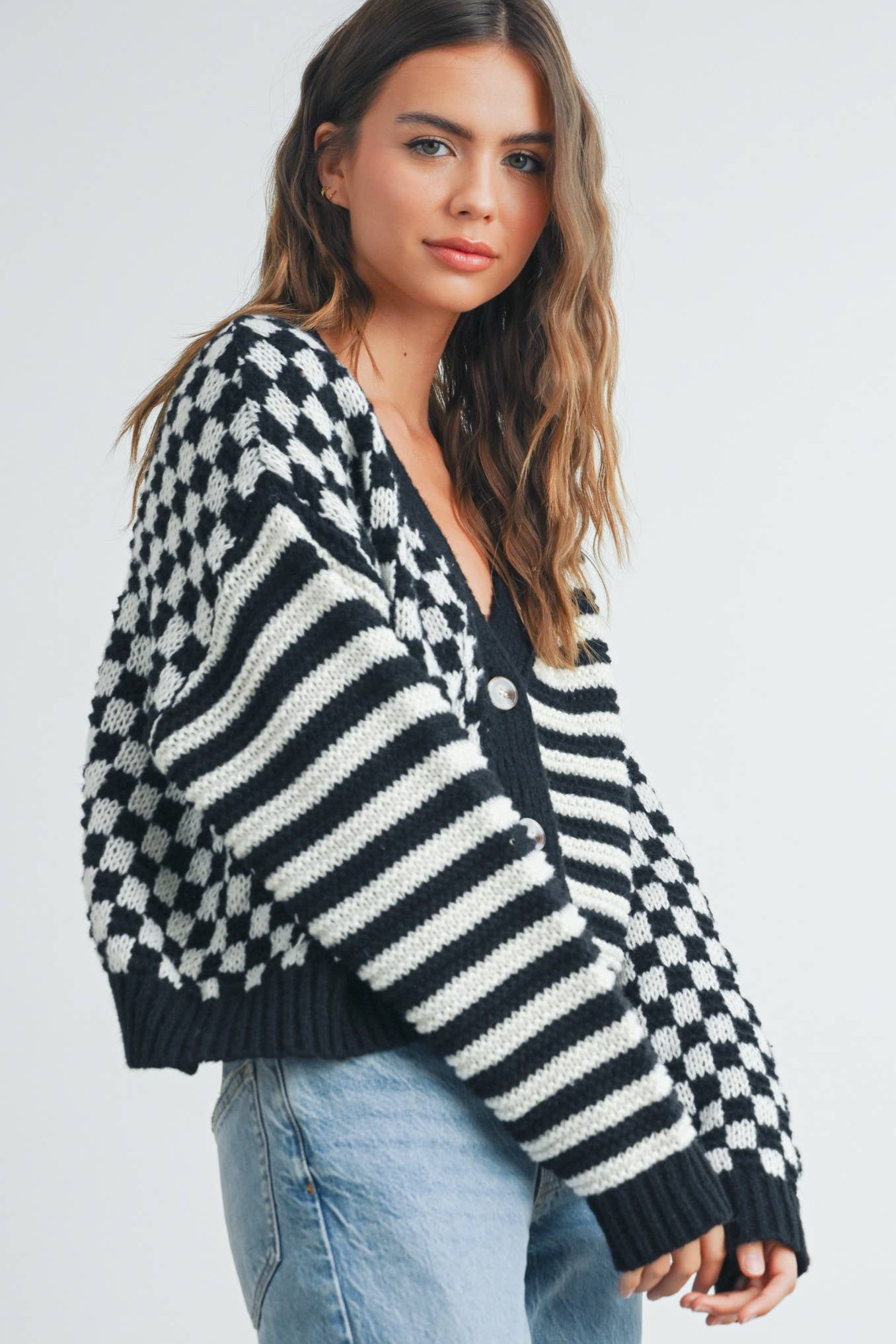 Oversized Button Down Checkered Stripe Cardigan