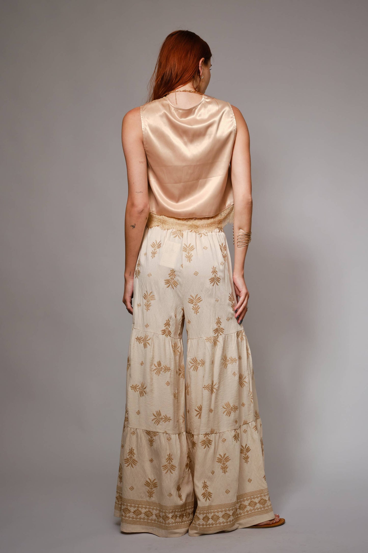 Embroidered Tassel Tie Front Tiered Palazzo Pants