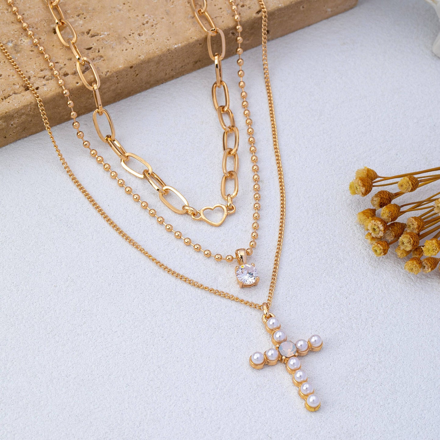 Multi-Layered Pearl Cross Rhinestone Necklace