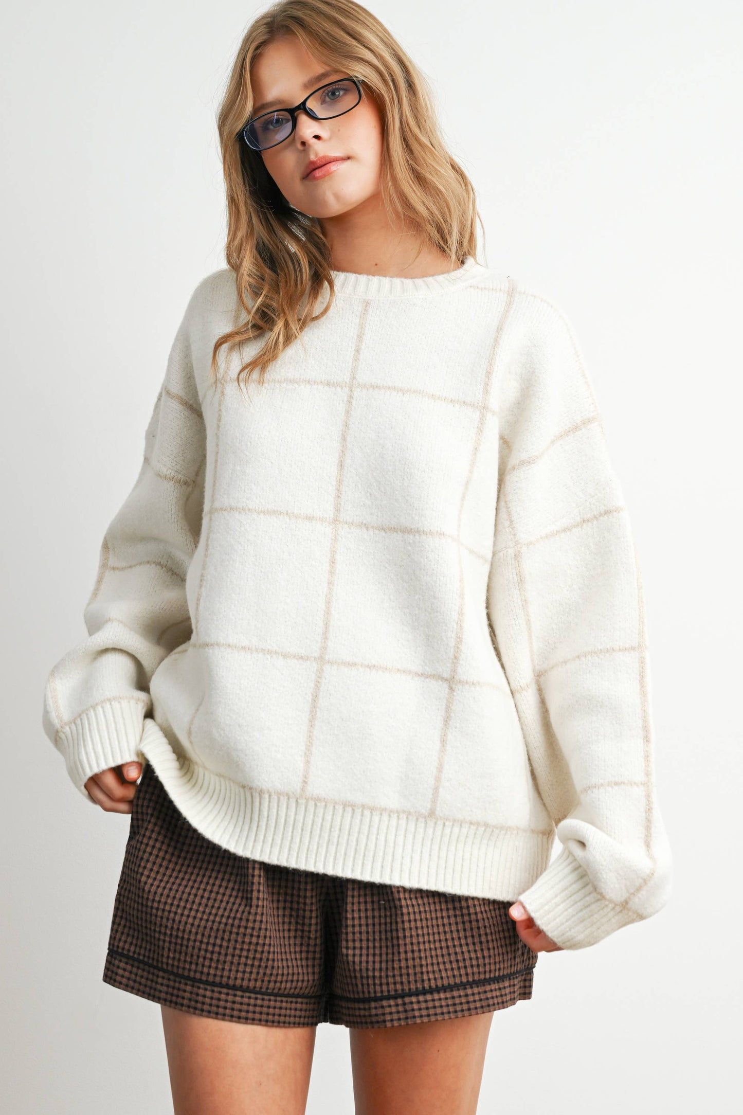 Checkered Crew Neck Knit Sweater
