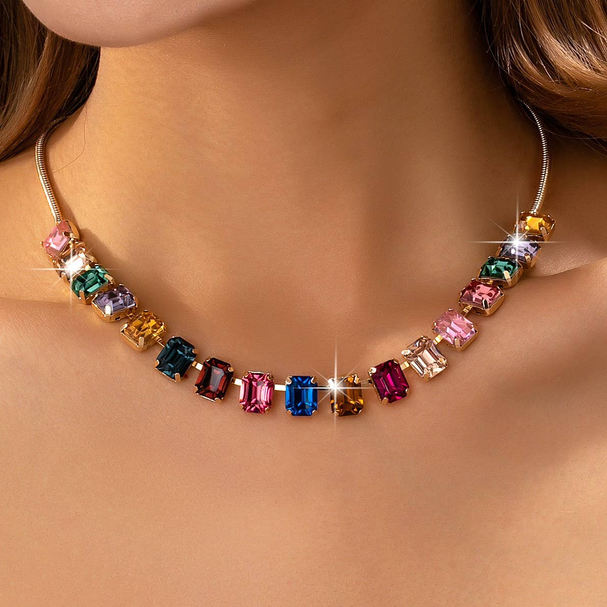 Rainbow Emerald-Cut Gemstone Statement Necklace | Gold