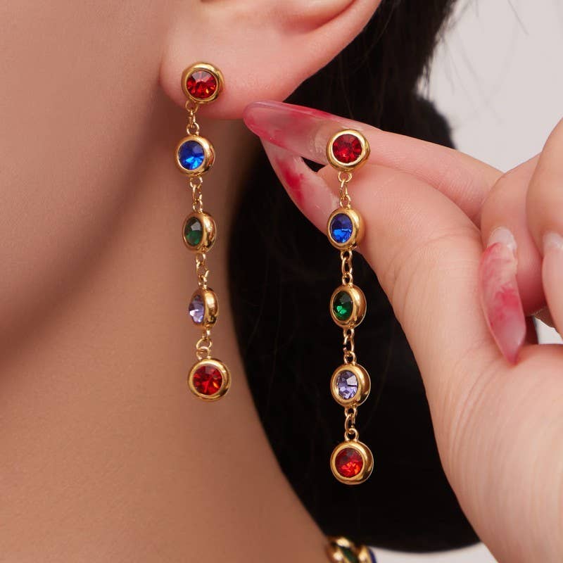 18K STAINLESS STEEL RAINBOW GEM LINEAR EARRINGS