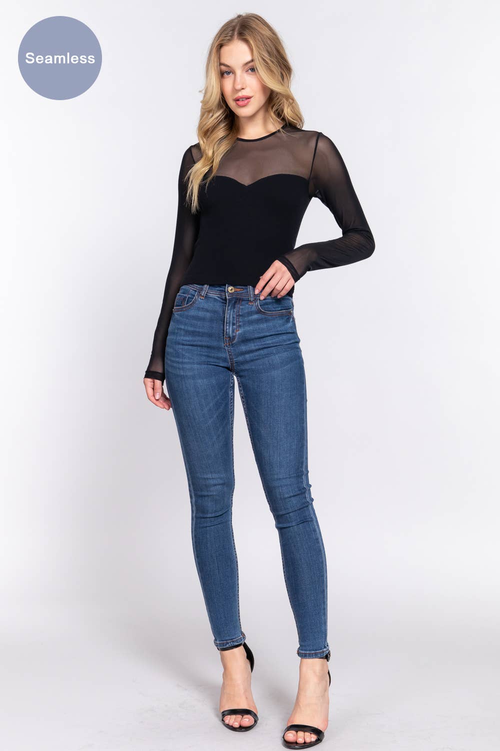 Long Sleeve Round Neck Mesh Combination Seamless Top Black