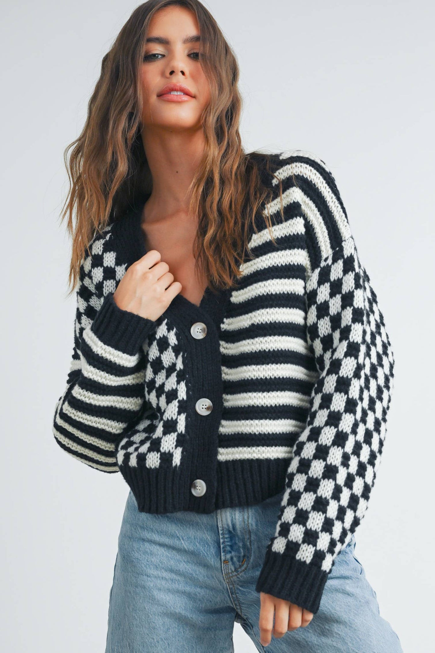 Oversized Button Down Checkered Stripe Cardigan