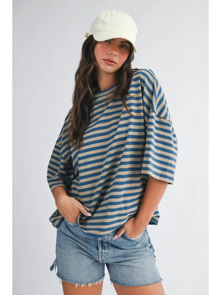Oversized Stripe Boyfriend Tee- Tan