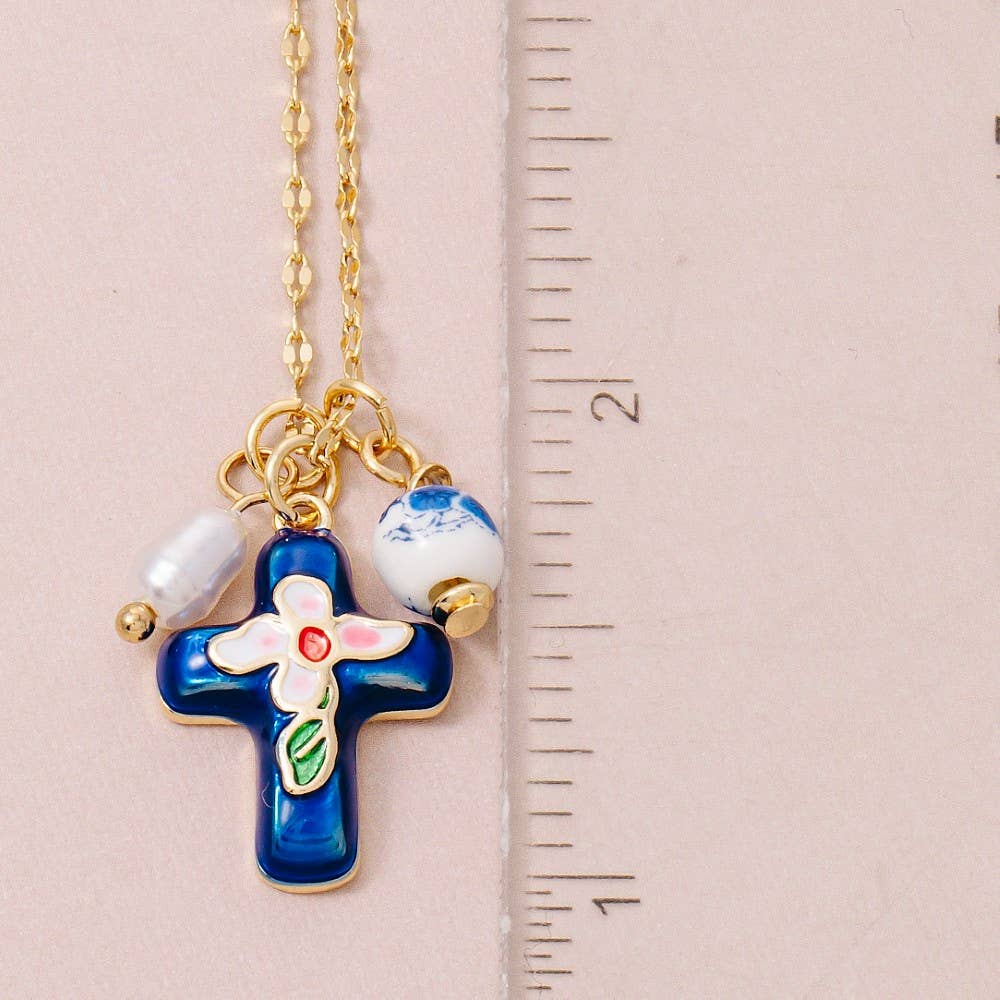 Enamel Cross And Ceramic Floral Charms Chain Necklace