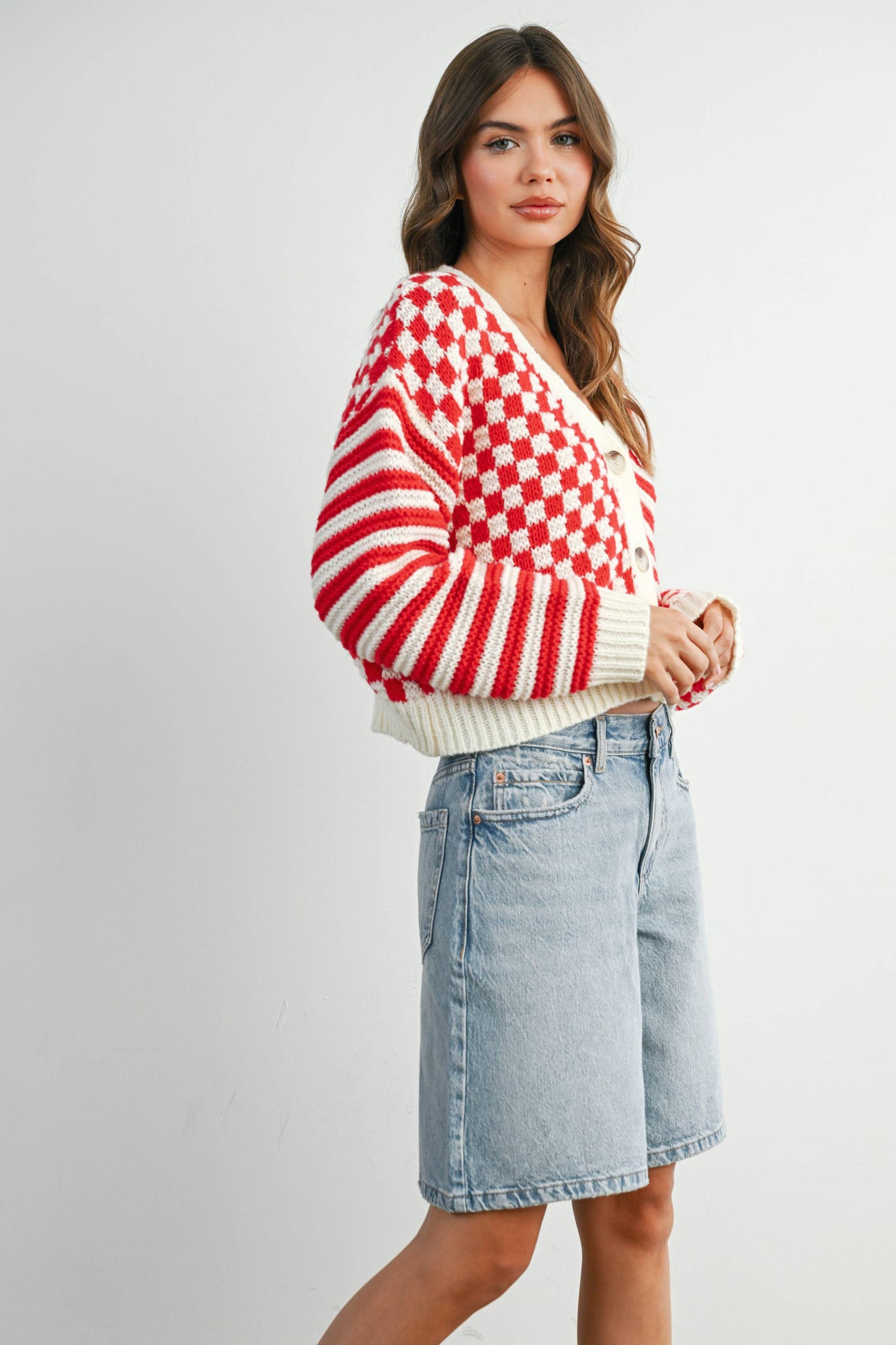 Oversized Button Down Checkered Stripe Cardigan