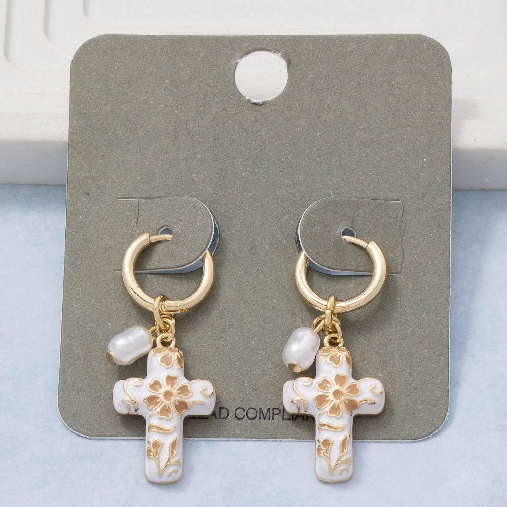 Ceramic Floral Cross And Pearl Charms Hoop Earrings