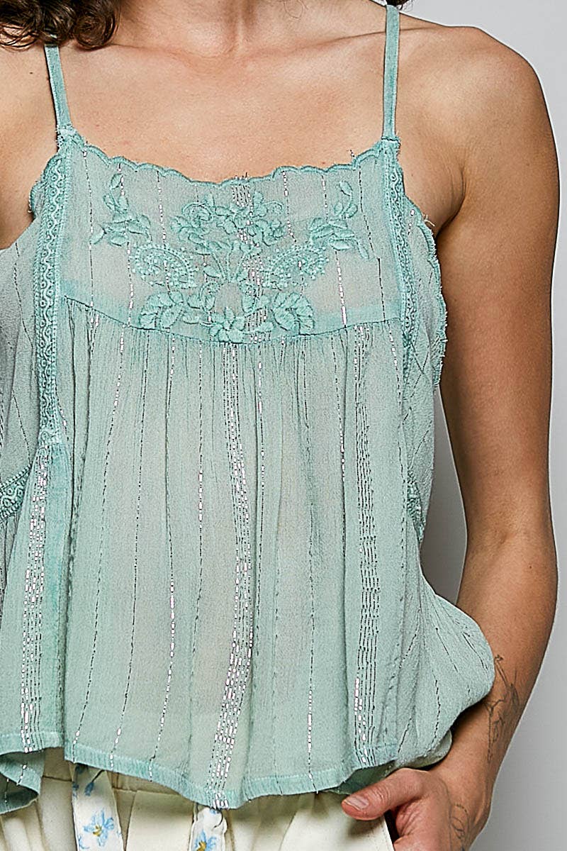 Sheer Scallop Trim Tank Top: SAGE