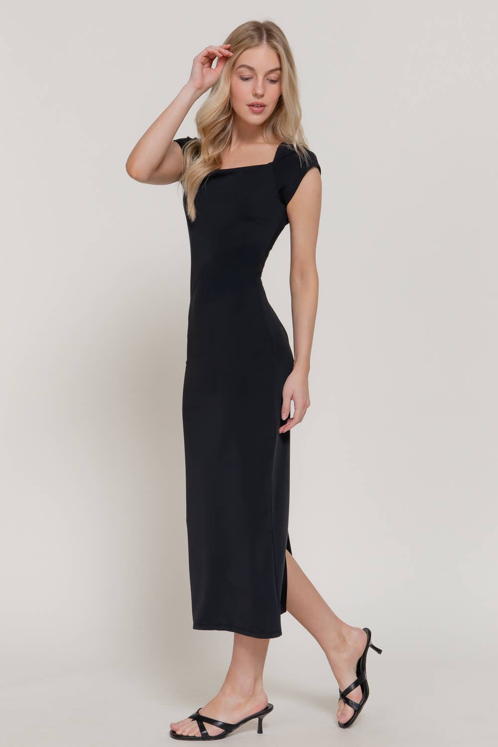 Cap Sleeve Wide Square Neck Power Span Jersey Midi Dress
