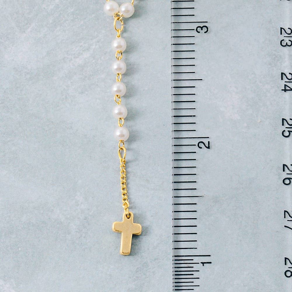 Pearl Beaded Y Chain Cross Pendant Necklace
