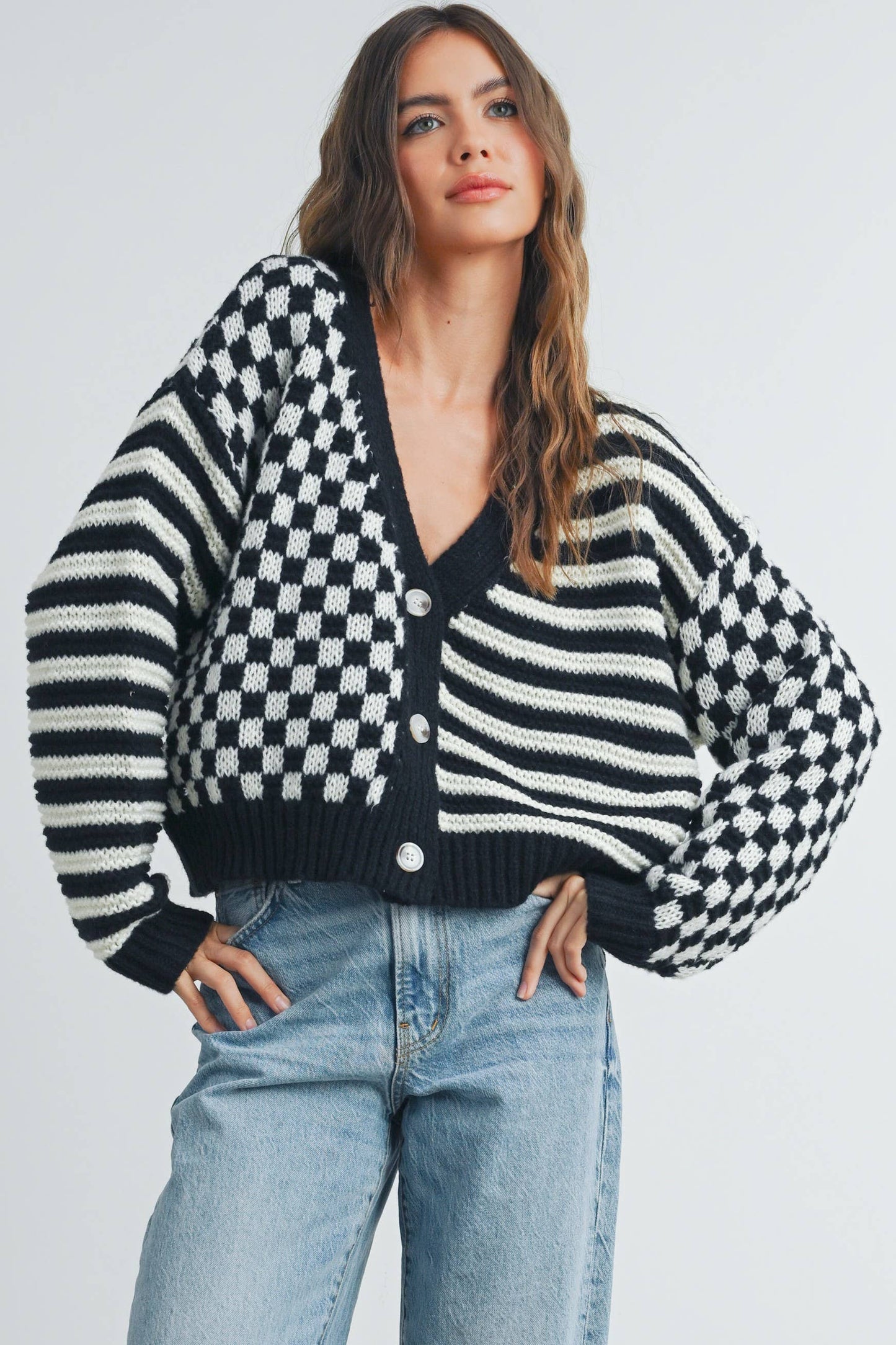 Oversized Button Down Checkered Stripe Cardigan
