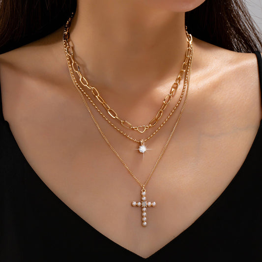 Multi-Layered Pearl Cross Rhinestone Necklace