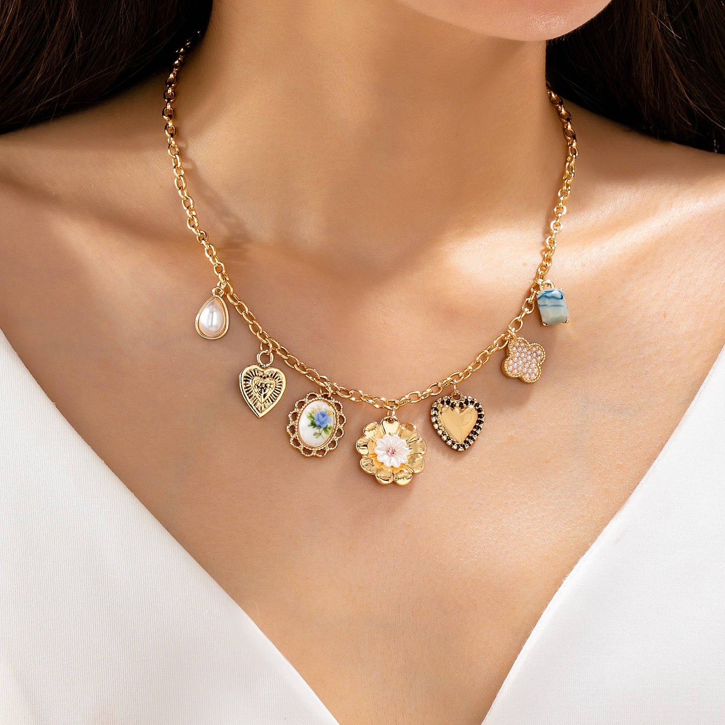 Vintage Heart Porcelain Multi Charm Necklace